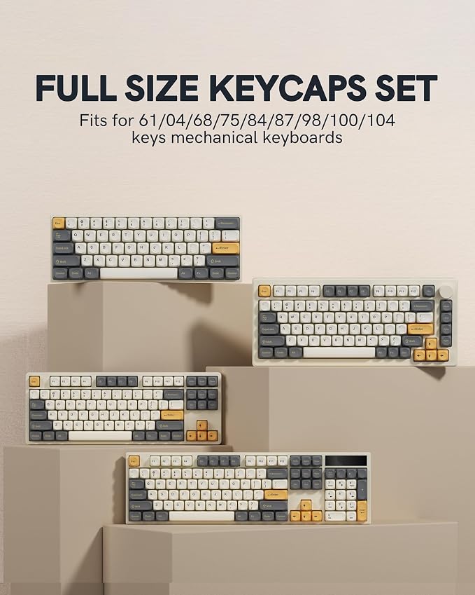 Keymatic 137 Double Shot PBT Keycaps Set MOA Custom Retro keycaps for 61/64/68/84/87/100/104/108 Retro Gaming Mechanical Keyboard Gray Gold(Only Keycap Set)