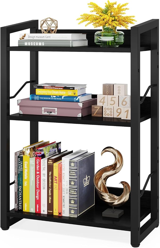 Hosfais 3-Tier Small Bookshelf with Edge Protection | Wood Book Shelf Industrial Bookshelf Metal Narrow Bookcase Storage Organizer Display Rack for Bedroom Home Office (Black)