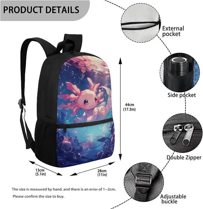 WELLFLYHOM Personalized Axolotl Jellyfish Kids School Backpack Girls 6-8 Years Old Custom 4 Pcs Book Bag with Lunch Box Pencil Case Water Bottle Sleeve for Elementary Primary School Blue