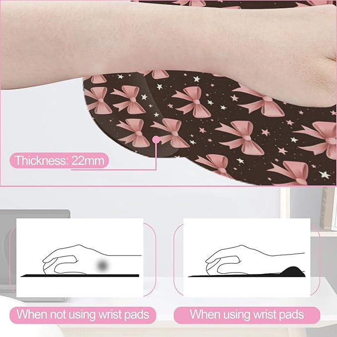 Cute Pink Bows Keyboard Wrist Rest Pad Mouse Pad Set,Ergonomic Mousepad Wrist Support Memory Foam Desk Pad for Gaming Office,Non-Slip Rubber Base Easy Typing for Home Office Computers
