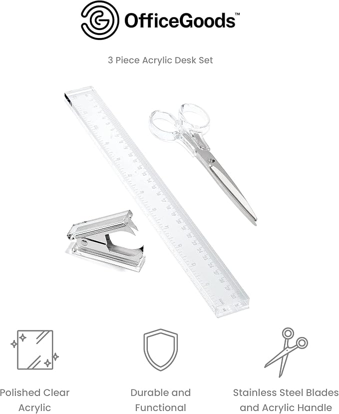 3-Piece Acrylic Desk Set, Clear with Silver Metal | Ruler, scissors, and staple remover set, Functional and elegant desk accessories, Stationery tools for office, and school
