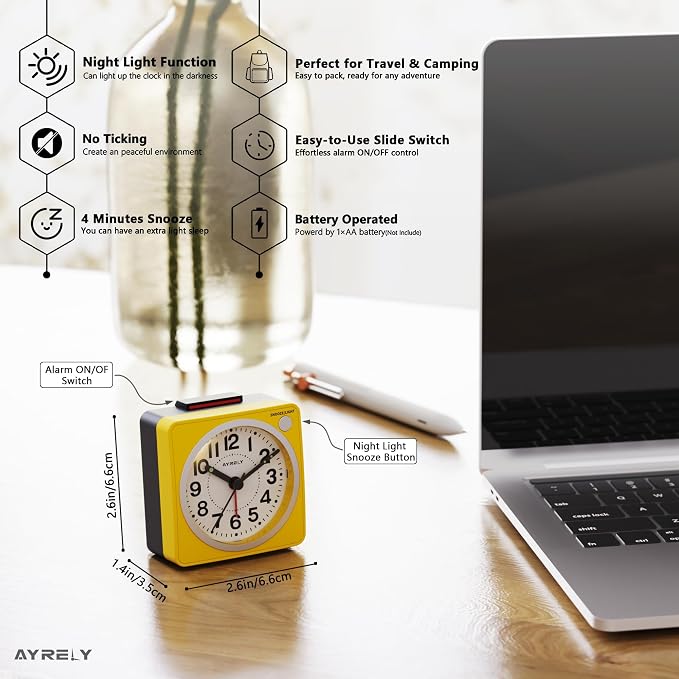 AYRELY® 2.6" × 1.4" Ultra Small Battery Operated Analog Travel Alarm Clock | Silent Non-Ticking Retro Bedside Table Clock with Snooze, Light and Easy Top Alarm Switch for Travel and Bedrooms (Yellow)