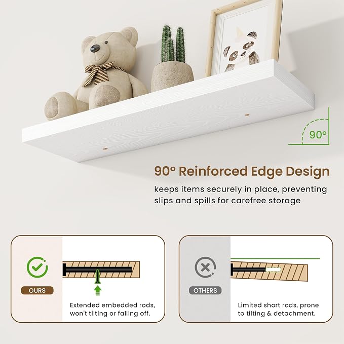 32in Floating Shelves for Wall, 32"W x 9.25"D x 1.25"H, 2 Pack Long Wall Mounted Engineered Wood Shelves with Invisible Brackets for Living Room, Bedroom, Bathroom, Kitchen Decor and Storage, White