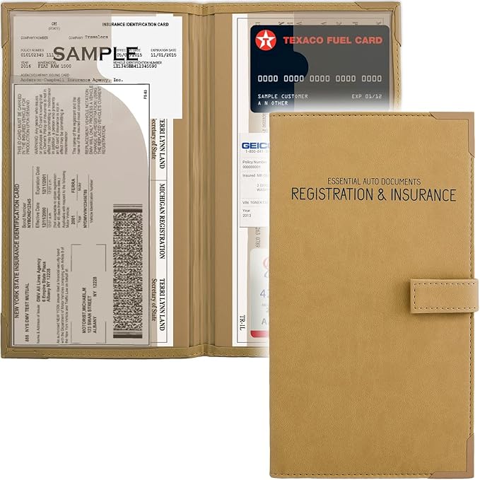 Auto Insurance and Registration Card Holder - Vehicle Glove Box Document Organizer - Car Essential Paperwork Holder for DMV, AAA, Contact Information Cards - Premium PU Leather Wallet Case - Beige