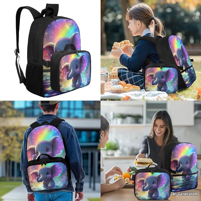 Doojoayie Elephant Backpack for School Kids Bookbag with Lunch Box 3D Animals Print Backpack for Girls Aesthetic Kindergarten Back to School Gifts Bags for Student Large Capacity Back Pack