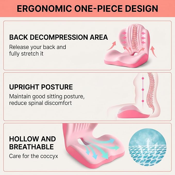Ergonomic Lumbar & Seat Support Cushion, 2-in-1 Memory Foam Cushion with Coccyx Hollow Design for Office Chair, Car Seat, Home Use - Relieves Back & Hip Pain (Pink)