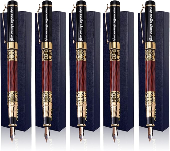 Ancolo Personalized Fountain Pens-Medium Point Nib- 5 Pcs a Set with Gift Pen Box Nice Souvenir Gift, Engraved with Your Name/Message/Phone number on the Pens Perfect for Men Women