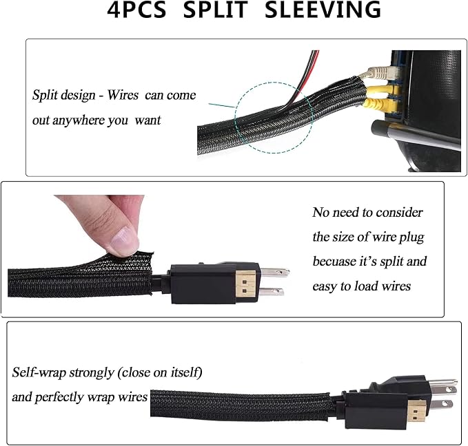 Cord Management Organizer Kit 4 Cable Sleeve split 192PCS Cable Management | 41Self Adhesive Cable Clips Holder, 10pcs and 2 Roll Self Adhesive tie ,100 Fastening Cable Ties, for TV Office Car Desk Home