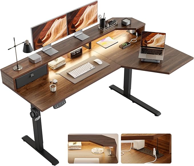 Agilestic 63 Inch L Shaped Electric Standing Desk with Shelf, Height Adjustable Large Desk with Power Outlets & LED, Corner Sit Stand Up Table with Monitor Stand, Computer Workstation, Dark Walnut
