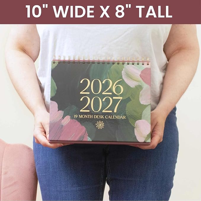 bloom daily planners 2026 Standing Flip Desk Calendar - 8” x 10” Monthly Organizer (January 2026 - July 2027) 19 Month Desktop Blotter - Paint Strokes
