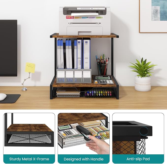 ELITEROO 2-Tier Desk Printer Stand with Storage Drawer, Wood Printer Stand | Small Printer Table with Shelf for Desktop, for Home Office, Fits Fax Machine, Scanner, 3D Printer, Rustic Brown