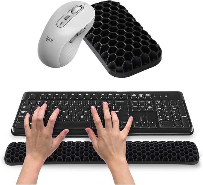 Ergonomic Keyboard and Mouse Wrist Rest Set, Silicone Honeycomb Design, Black, 17.7 x 2.8 x 1 Inches, Non-Deformable Support for Office Gaming Typing (Black)