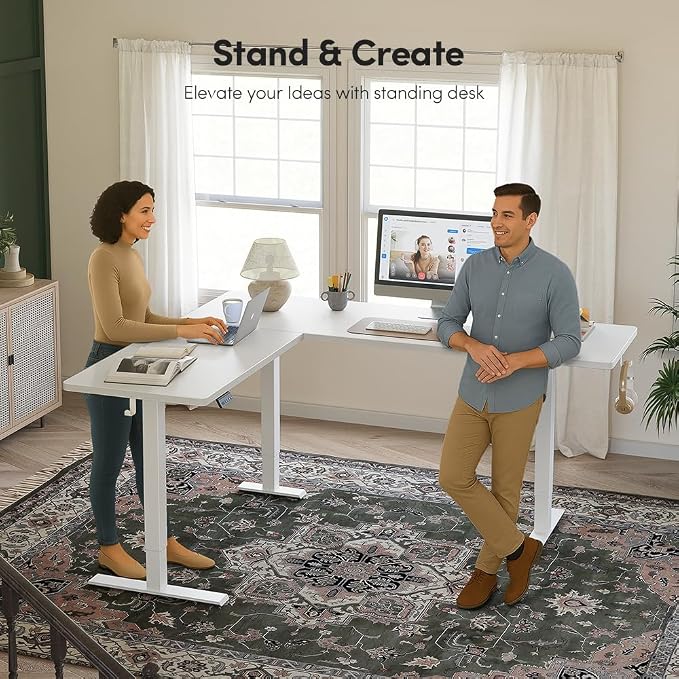 FEZIBO 75" x 63"L Shaped Standing Desk Adjustable Height, Electric Stand up Corner Computer Desk, Sit Stand Home Office Desk with Splice Board, White