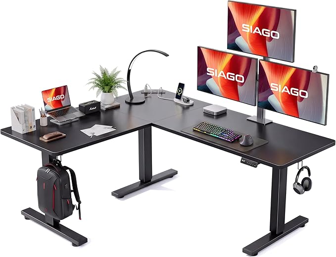 SIAGO L-Shaped Standing Desk - 63 x 55 Inch Adjustable Corner Standing Desk with Charging Station - L Shape Sit Stand Table with Memory Controller, Splice Board for Home Office