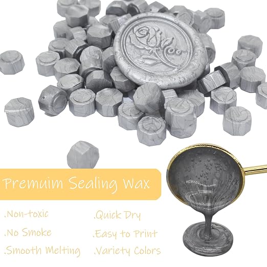 250pcs Wax Seal Beads Silver, Andotopee Premium Sealing Wax Beads for Stamp Seals, Octagon Metallic Seal Stamp Pellets Refill Pack for Wedding Invitation, Letter Envelope, Scrapbook DIY Crafts