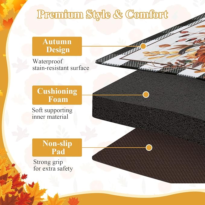 SHACOS Fall Anti Fatigue Kitchen Mats Pumpkins Gnome 17x27.5+17x47 | Orange Maple Black White Checkered Autumn Harvest Cushioned Kitchen Rugs Sets of 2 Non Slip Kitchen Floor Mat