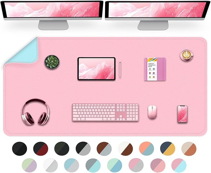 Dual-Sided Desk Mat, Large Pad, Waterproof Smooth PU Leather Blotter Protector, Mouse Pad, Desk Organizers, Office/Home Table Decor for Reading and Writing (Light Pink+Blue, 47.2''23.6'')