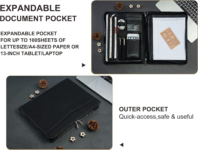 Free Engraved Name, Personalized PU Leather Portfolio, Embossed Resume Padfolio Folder with A4 Size Clipboard, Professional Business Organizer Folio, Gift for Women/Men, Customized(Black)