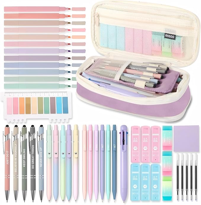 56 PCS, 5 Inspirational Ballpoint Pens, 12 Pastel Highlighters, 5 Black Ink Gel Pens, 6 Mechanical Pencils 0.5-0.7mm (purple)