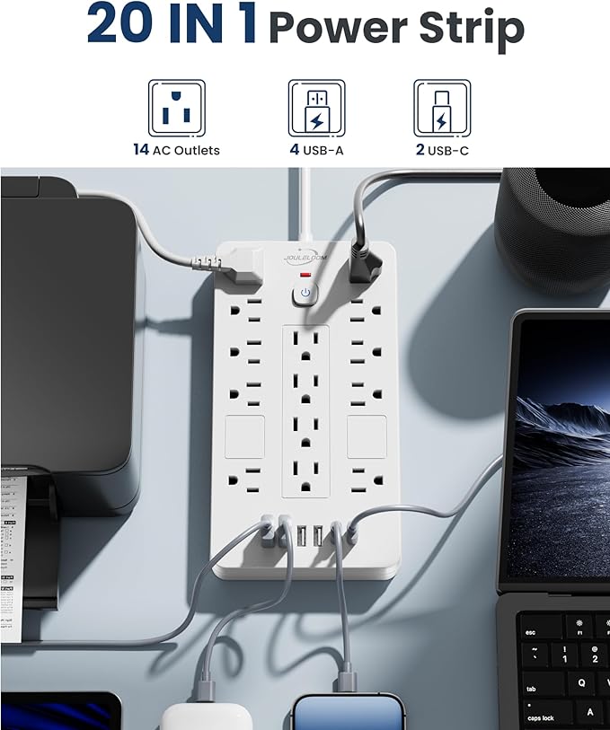 Surge Protector Power Strip-14 Outlets and 6 USB Ports, 6 Feet Flat Plug Extension Cord, 1850 Joules, White, ETL Listed for Home, Office, Dorm Room