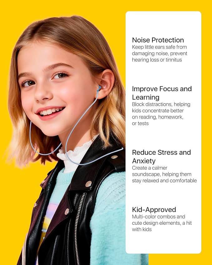 Kids Noise Reduction Ear Plugs(6+yrs) – Reusable Child Ear Protection for Sensitive Ears, Comfortable Earplugs for School, Travel, Focus, Concert, Sleep & Loud Events, 4 Sizes Ear Tips in XS-L,1Pair
