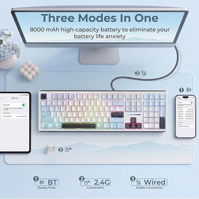 Redragon K771 Wireless Mechanical Keyboard, 108-Key Gaming Keyboard with 4 Extra Hotkeys, 5-Layer Noise Dampening, Pre-lubed Linear Switches, Hot-swap Custom RGB Keyboard for PC/Mac - Blue&White