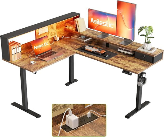 Agilestic L-Shaped Electric Standing Desk, 63x55 Inch Ergonomic Adjustable Height Desk with Storage, Stand Up Corner Desk Sit Stand Computer Table Power Outlet & LED Lights, Office Table, Rustic Brown