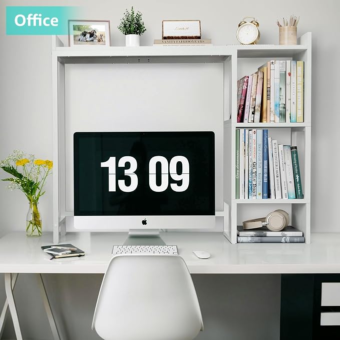 White 37" Desk Hutch for Table Top, Dorm Desk Bookshelf with Side Baffles, Desktop Organizer Shelf for Office & College, Monitor Riser Stand