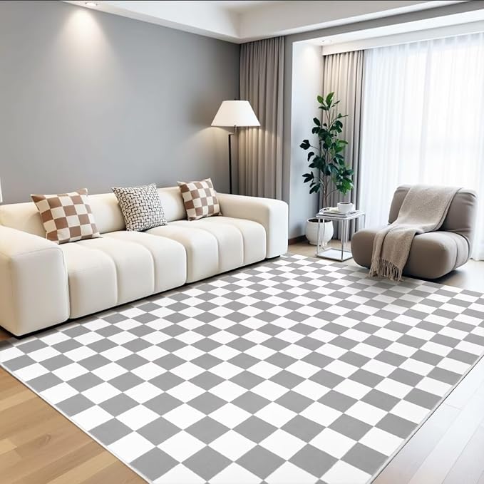 Terrug Grey and White Checkered Rug for Bedroom,3x5 Area Rugs Washable with Non Slip for Living Room,Soft Low Pile Stain Resistance Retro Carpet for Dorm Kids Room