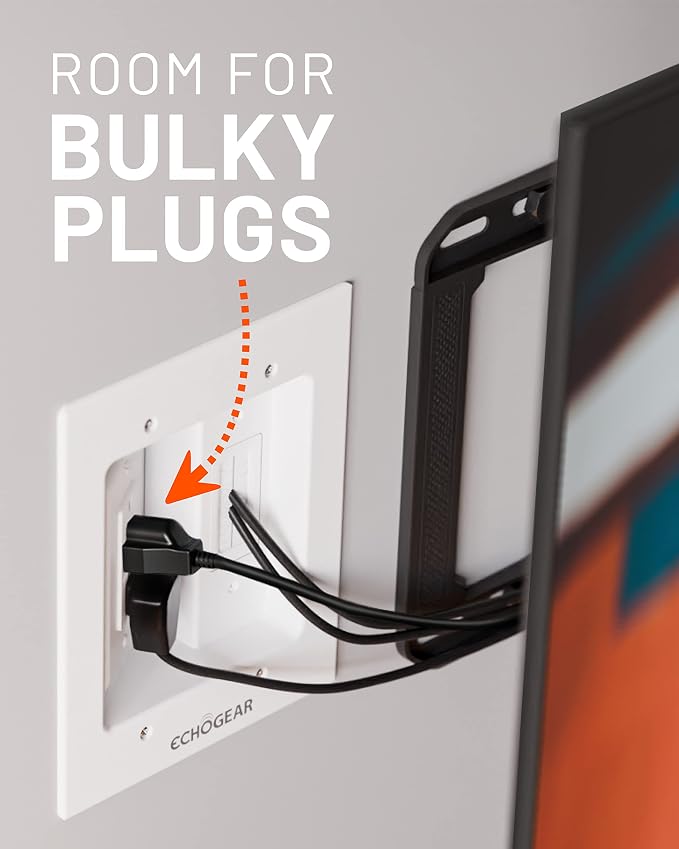 ECHOGEAR TV Cord Hider for Wall Mounted TV – Dual Outlet in-Wall Cable Management Kit for Power & Low Voltage Cables – Includes 6.25”L x 8”H x 3.95”D Module, Wall Template, Saw, 6ft Extension Cord