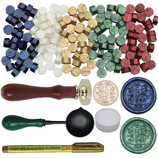 Initial Alphabet Wax Seal Stamp Kit, Retro Letter L Sealing Stamp with 150Pcs Sealing Wax Beads Spoon Pen Set for Wedding Invitations Cards Envelopes (L)