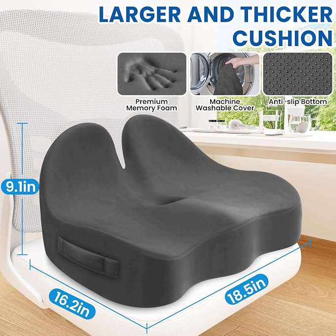 Seat Cushion, Chair Cushions, Memory Foam Office Chair Cushion | Hip & Sciatica & Tailbone Pain Relief, Long Sitting Comfort for Office Chairs/Desk Seats/Wheelchair (Large, Grey)