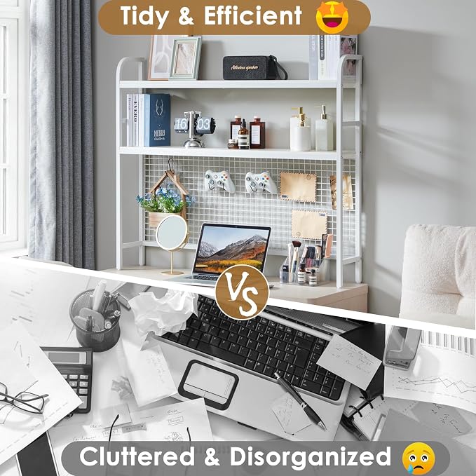 Desk Shelf, 45.3” Desktop Organizer Shelf with Grid Panel and Hooks, Desk Hutch for Computer Monitor, 2 Tier Desk Display Rack Wood Desktop Bookshelf Storage for Home Office Dorm