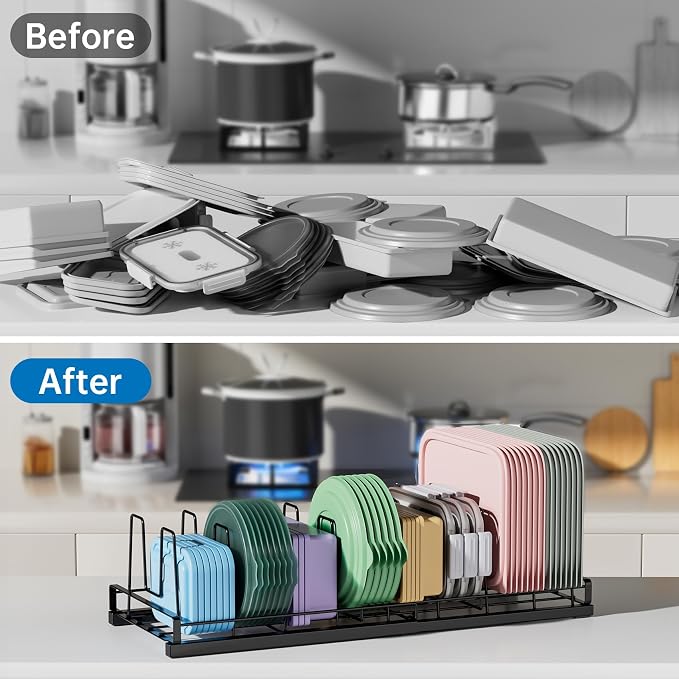 Expandable Food Container Lid Organizer with 9 Adjustable Dividers | Sturdy Metal Pots and Pans Organizer Rack for Home Kitchen Cabinets, Drawers, Pantry Shelves, Countertops, 8.15" Wide, Black