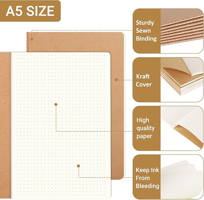 24 Pack 8.25x5.5 Inches Dot Grid Paper Notebook/ A5 Size Dot Journal Notebook, Dot Grid Subject Notebooks Wire-Bound with Kraft Cover, 32 Sheets/64 Dot Pages