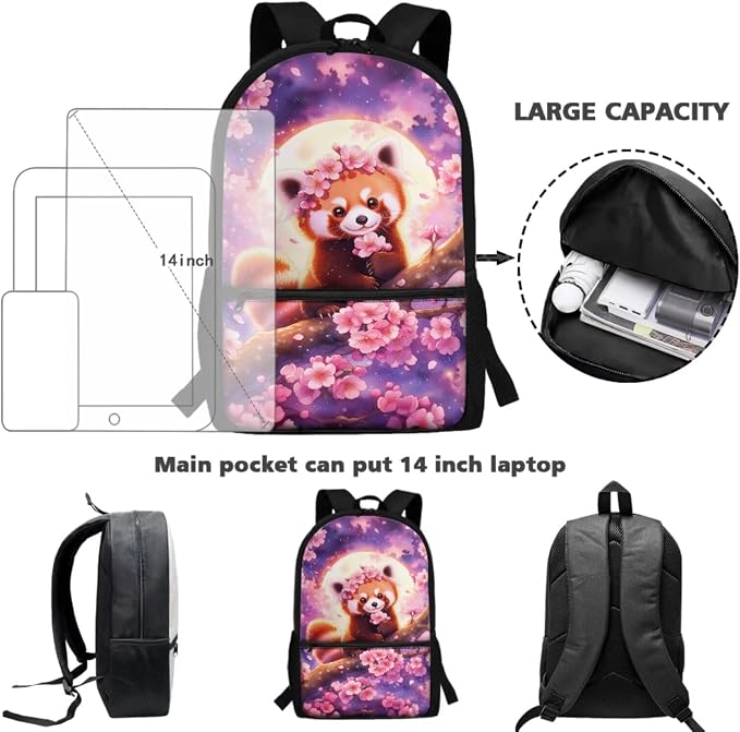 WELLFLYHOM Cherry Blossom Red Panda Backpack for School Kids Girls 4-7 4PCS | Moon Book Bag with Lunch Bag Pencil Case Waterbottle Sleeve Back to School Supplies