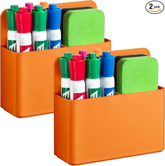 2 Pcs Magnetic Dry Erase Marker Holder for Whiteboard, Plastic Magnetic Pen Holder for Refrigerator Fridge, Magnet Pencil Cup for School Classroom, Locker Accessories,Pen Cup Organizer-Orange