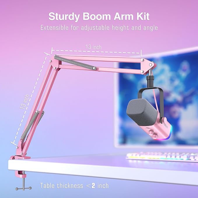 FIFINE XLR Gaming Microphone USB, PC Dynamic Microphone Kit for Vocal, Recording, Podcast, Streaming RGB Mic with Headphone Jack, Mute Button, Boom Arm Stand for Computer/Mixer-AmpliGame AM8T Pink