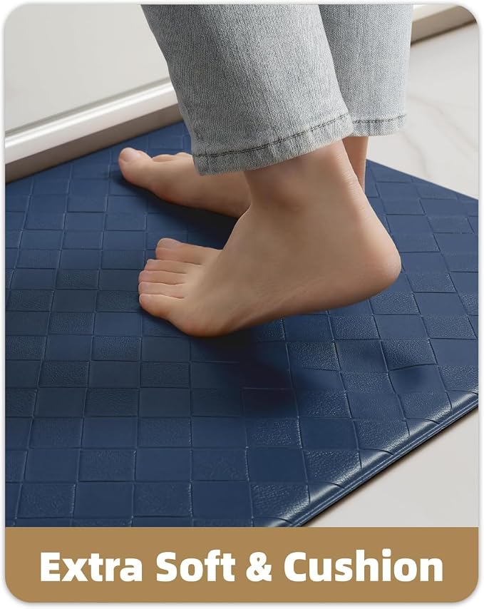 Color&Geometry 2 PCs Checkered Narrow Kitchen Mat Set 17x29+17x59, Blue | Waterproof & Oil Proof, Easy Clean Kitchen Rug For Busy Family, Anti Fatigue 0.4in Thick Cushion For Long Standing, Non Slip