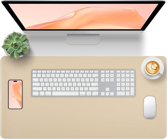 Beige Leather Desk Pad Large Mouse Pad, 35.4"x17" | Waterproof Desk Mat for Keyboard and Mouse, Non-Slip Computer Desk Protector, Smooth Mouse Control for Home Office
