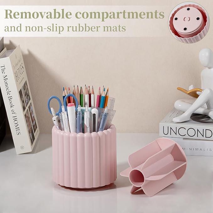 Anyoifax 360° Rotating Pen Holder for Desk Removable Pencil Organizer, Pink | 7 Slots Pen Cup Cute Office Supplies and Accessories Plastic Desktop Storage Box Art Caddy for School, Work, Home