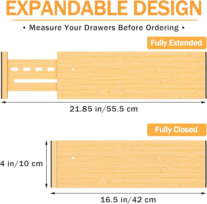 Bamboo Drawer Dividers, 4" High Drawer Organizers for Clothes/Utensils | 16.5-21.8" Expandable Wooden Drawer Separators for Dresser, Kitchen, Bathroom, Nursery, Office Organization & Storage, 4 Pack