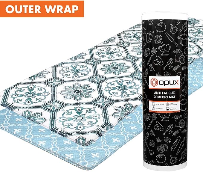 OPUX Anti Fatigue Kitchen Floor Mat, Reversible Cushioned Memory Foam Kitchen Rug Pad, Waterproof Non-Slip Padded Comfort Standing Mat Office Laundry Home, 47x17 (Floral Tile Blue)