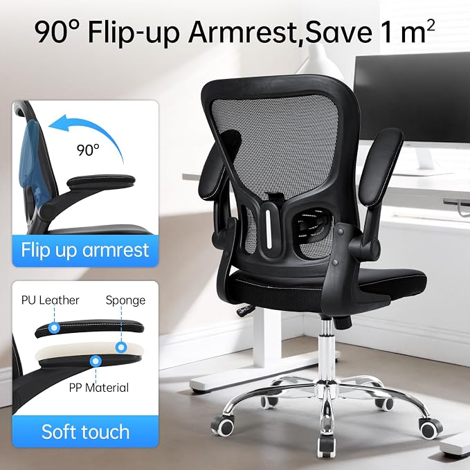 Ergonomic Office Chair Adjustable PU Leather Computer Chair with Lumbar Support,Flip-Up Arms, Breathable Mesh Back, Swivel Rolling Executive Desk Chair for Home Office, Black