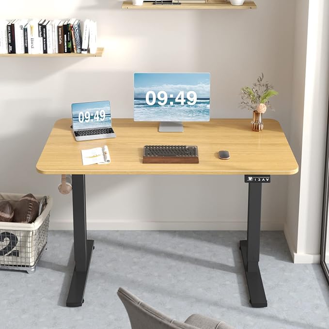 Furmax Electric Height Adjustable Standing Desk Large 48 x 24 Inches Sit Stand up Desk Home Office Computer Desk Memory Preset with T-Shaped Metal Bracket, Maple