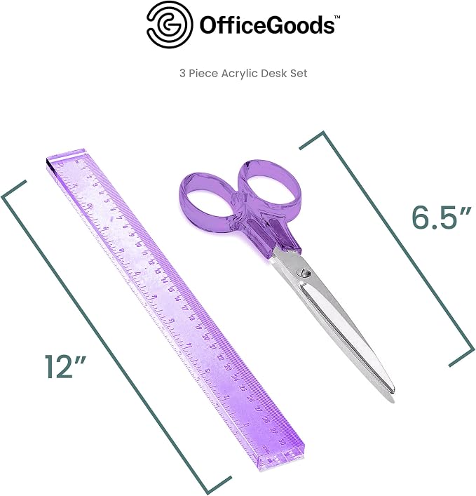 3-Piece Acrylic Desk Set, Purple with Silver Metal | Ruler, scissors, and staple remover set, Functional and elegant desk accessories, Stationery tools for office, and school