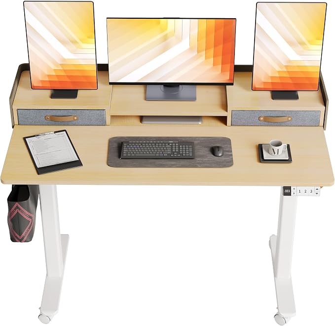 Claiks Standing Desk with Drawers & Wheels, 2 Height Shelf 55" Natural | 2 height adjust shelf, tabletop drawers, felt fence design, sturdy supports 176 lbs, 4 wheels, 2 tire monitor stand