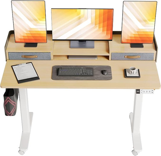 Claiks Standing Desk with Drawers & Wheels, 2 Height Shelf 55" Natural | 2 height adjust shelf, tabletop drawers, felt fence design, sturdy supports 176 lbs, 4 wheels, 2 tire monitor stand