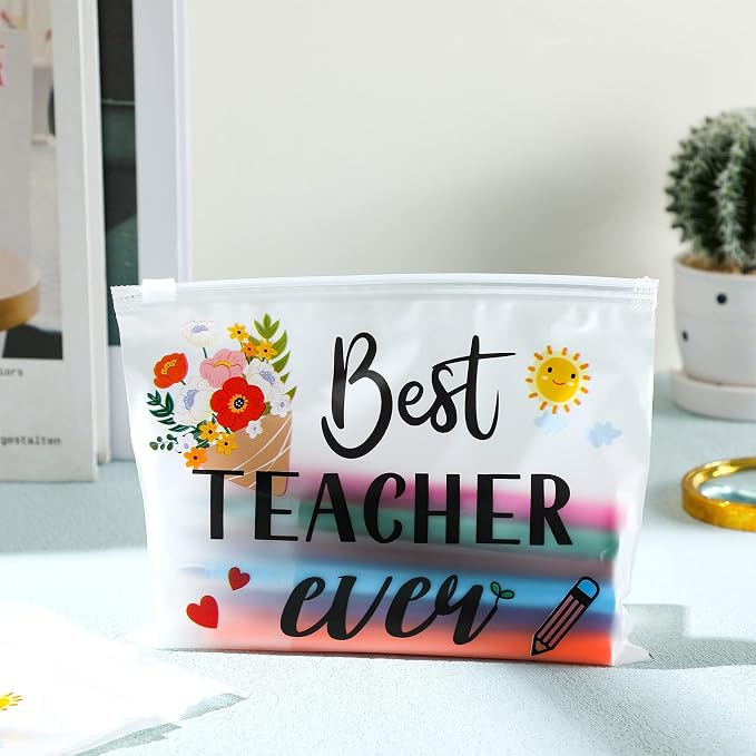 60 Pcs Teacher Appreciation Gifts Bulk Best Teacher Ever Small Waterproof Makeup Toiletry Bag Pouch Cosmetic Pencil Bag Thank You Gifts for Women Men Travel Back to School Season Supplies