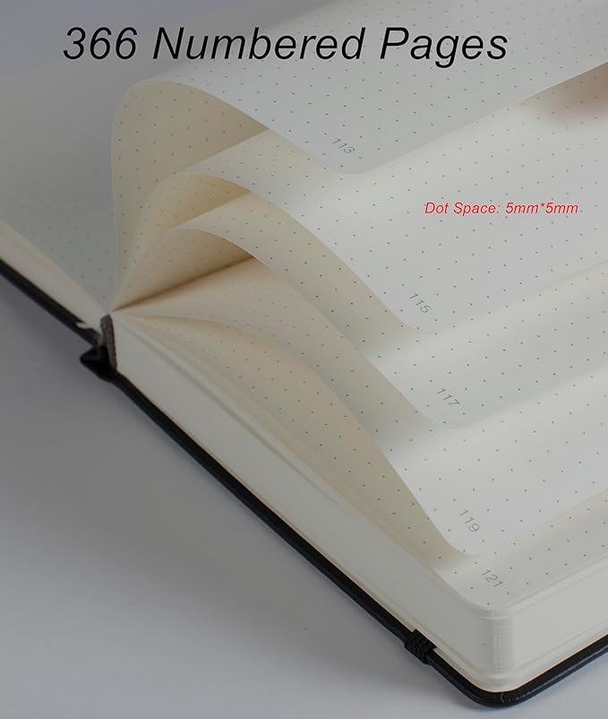 Thick Bullet Notebook with 366 Numbered Pages, A5 Dotted Journal for Writing with 100GSM Dot Grid Paper, Hardcover Leather Notebooks for Women Men School Note Taking Office Work Diary, 5.7"x8.3" Blush